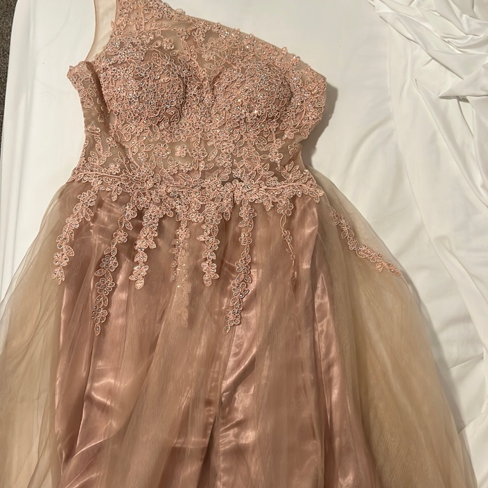 blondie nites one shoulder embellished bodice illusion mesh slit hem ball gown